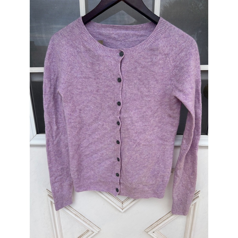 Superfine Merino Wool Cardigan Sweater Heathered Lavender Purple Crew Neck Small